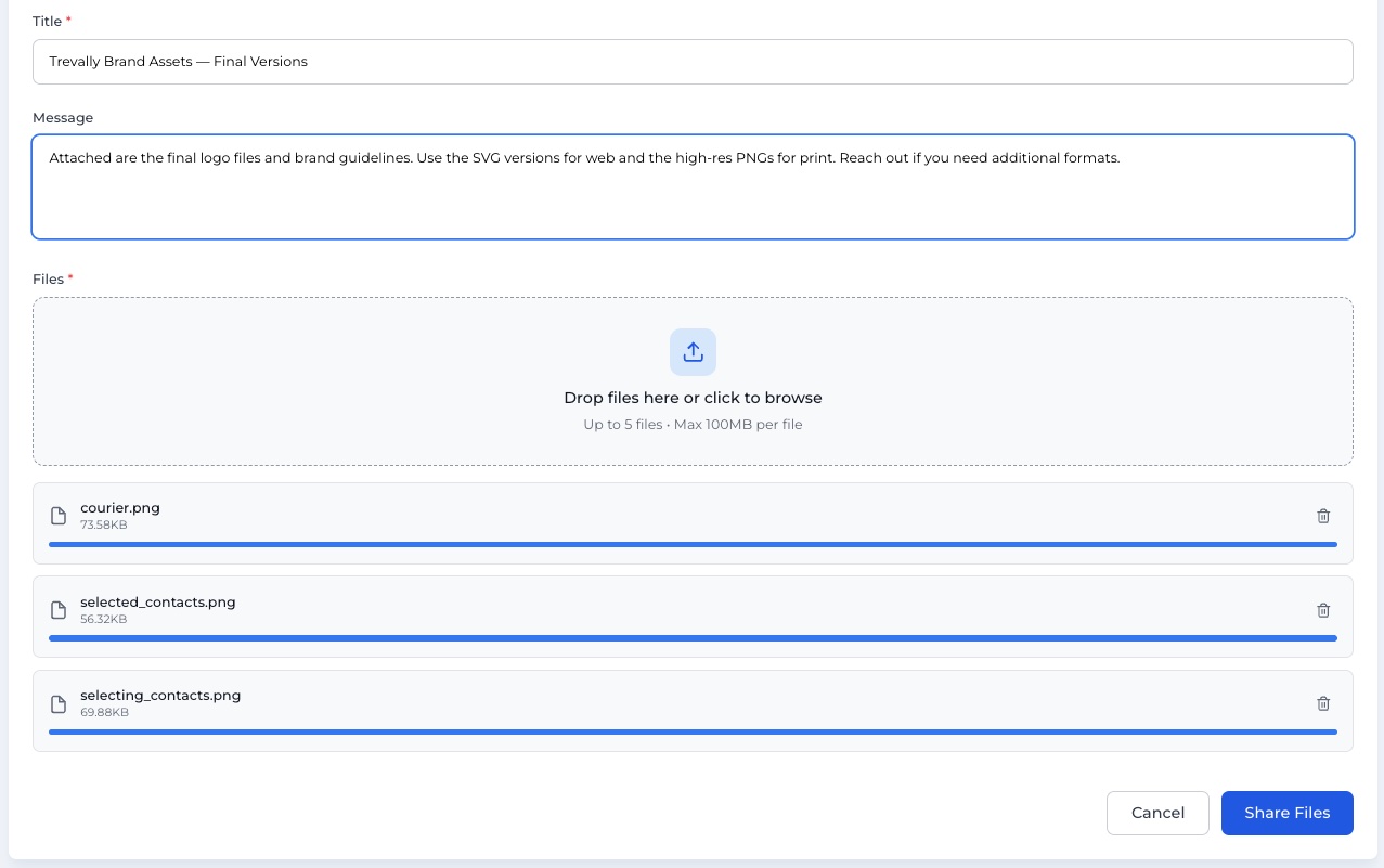 A filled Courier share with title, message and files uploading