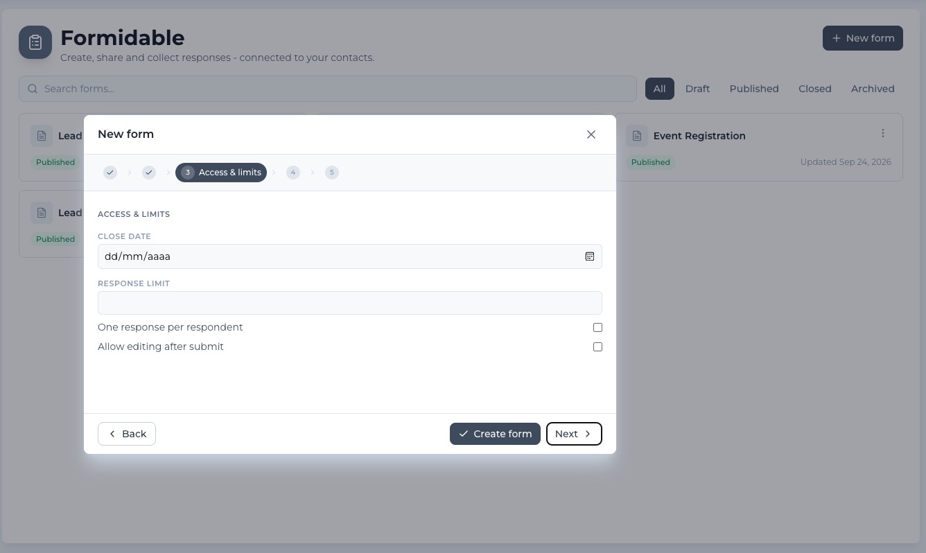 Formidable access and limits settings showing close date picker, response limit field, one response per respondent checkbox and allow editing after submit checkbox