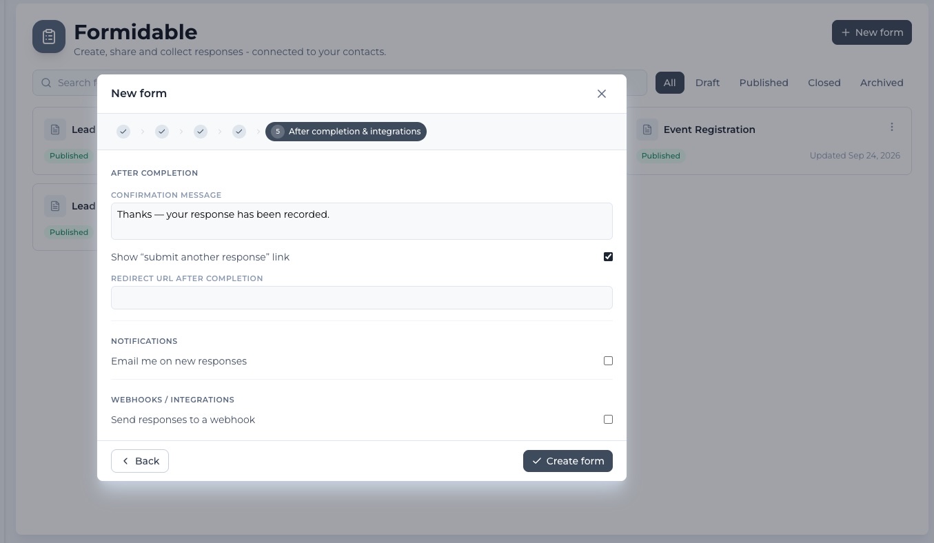 Formidable after completion and integrations settings with confirmation message, redirect URL, email notification toggle and send to webhook option