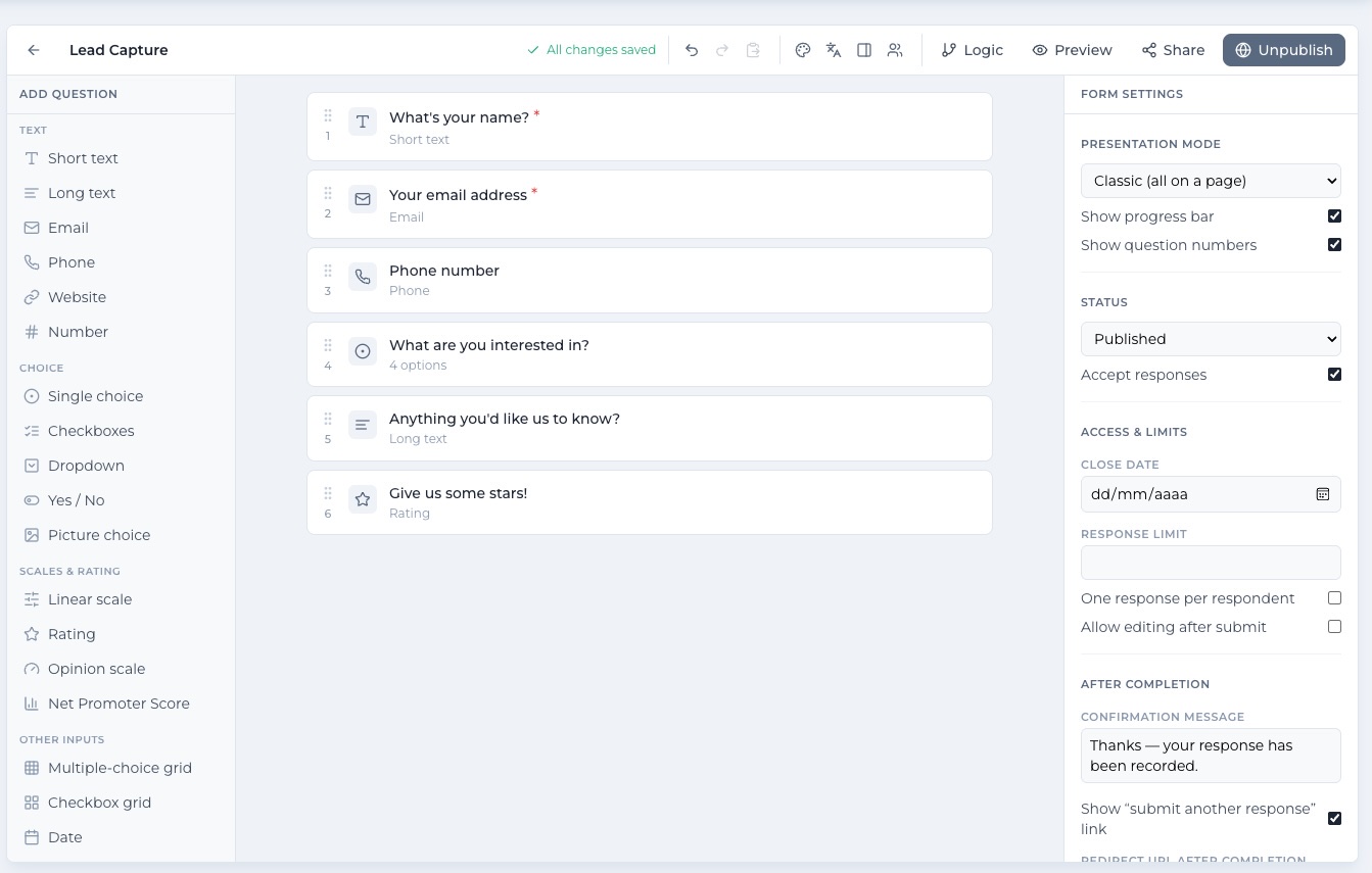 Formidable drag-and-drop form builder with question palette on the left, form canvas in the centre and form settings panel on the right