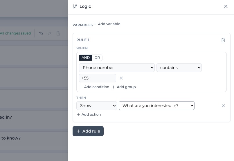 Formidable logic panel showing a conditional rule using AND conditions with a WHEN field contains a value THEN show question structure