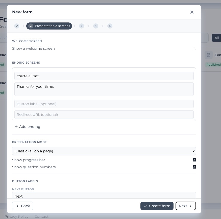 Formidable presentation and screens settings showing welcome screen, ending screens, presentation mode selector and button label fields