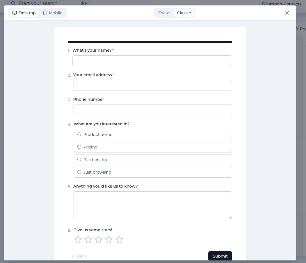 Formidable form preview with Focus and Classic mode toggle and desktop and mobile view selector