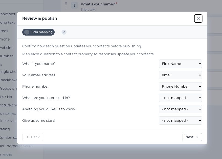 Formidable field mapping screen matching form questions like name, email and phone number to their corresponding contact property fields