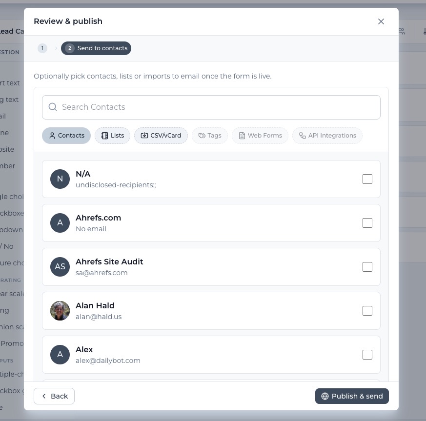 Formidable send to contacts screen showing search, contacts, lists, CSV and tags filters with a list of contacts to select and a publish and send button