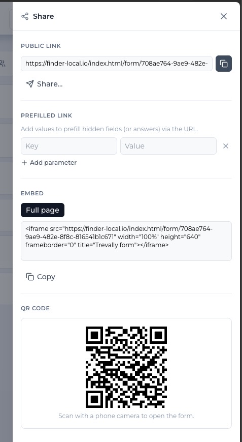 Formidable share panel showing the public form link, a prefilled link builder with key and value fields, full-page embed code and a QR code
