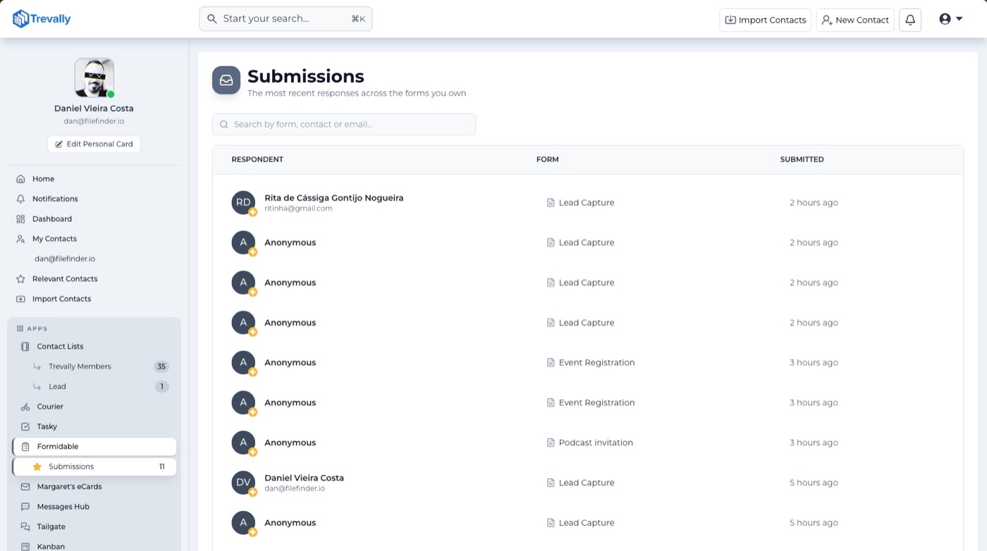 Formidable submissions list showing recent responses from named contacts and one anonymous entry, each linked to a contact record