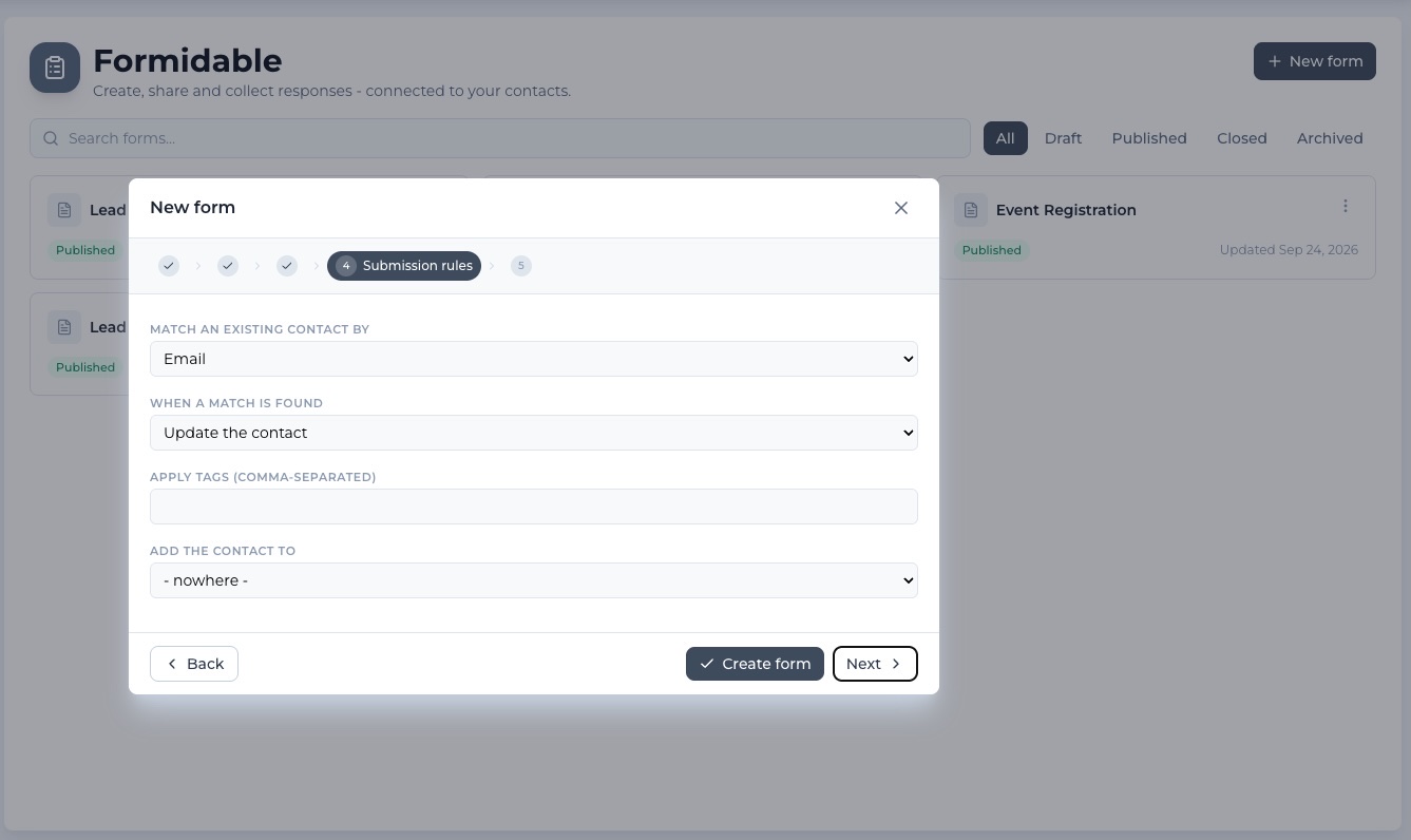 Formidable submission rules step in the new form wizard showing match by email, update contact on match, apply tags and add the contact to a list or board