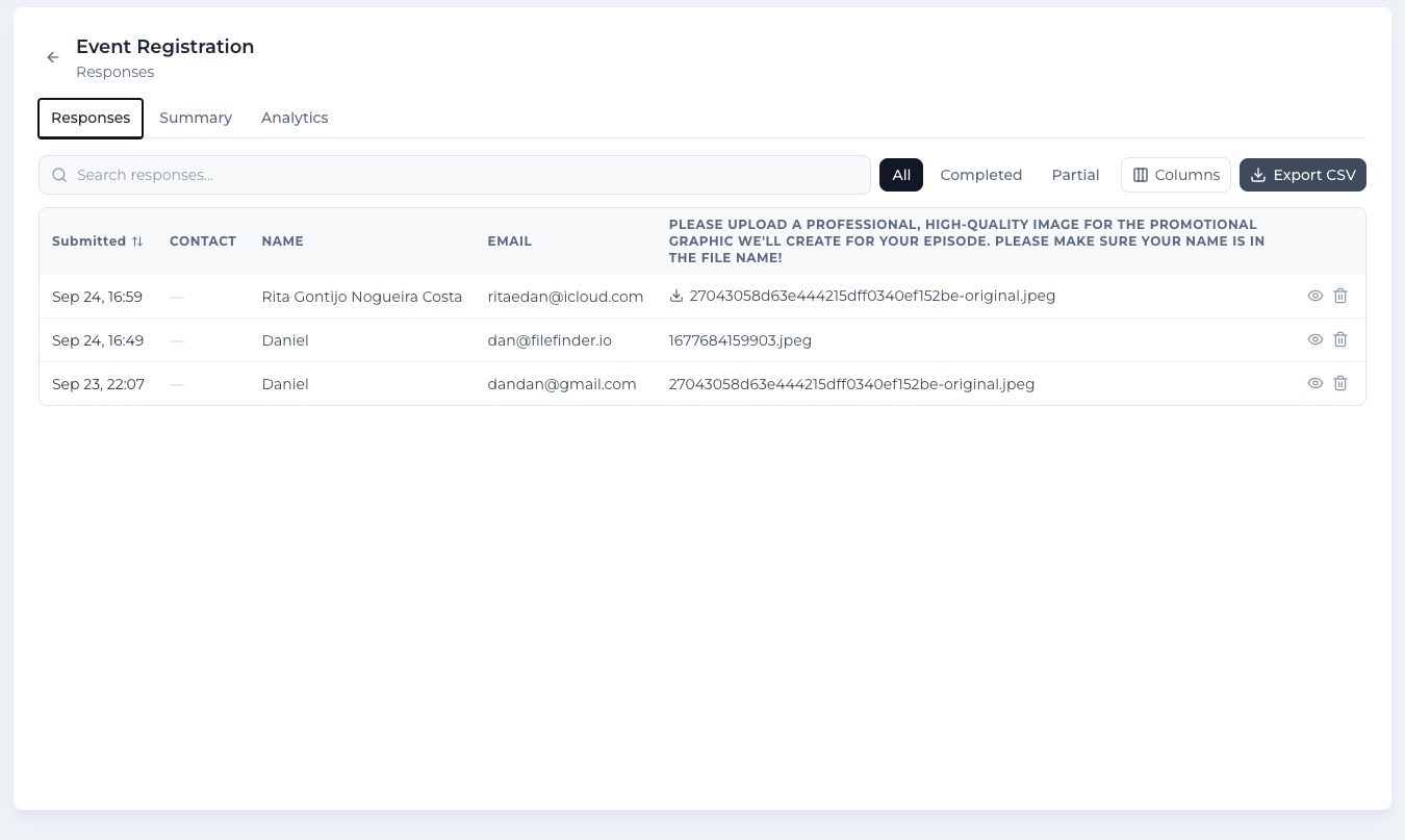 Formidable submissions view with Responses, Summary and Analytics tabs, a search filter and a CSV export button