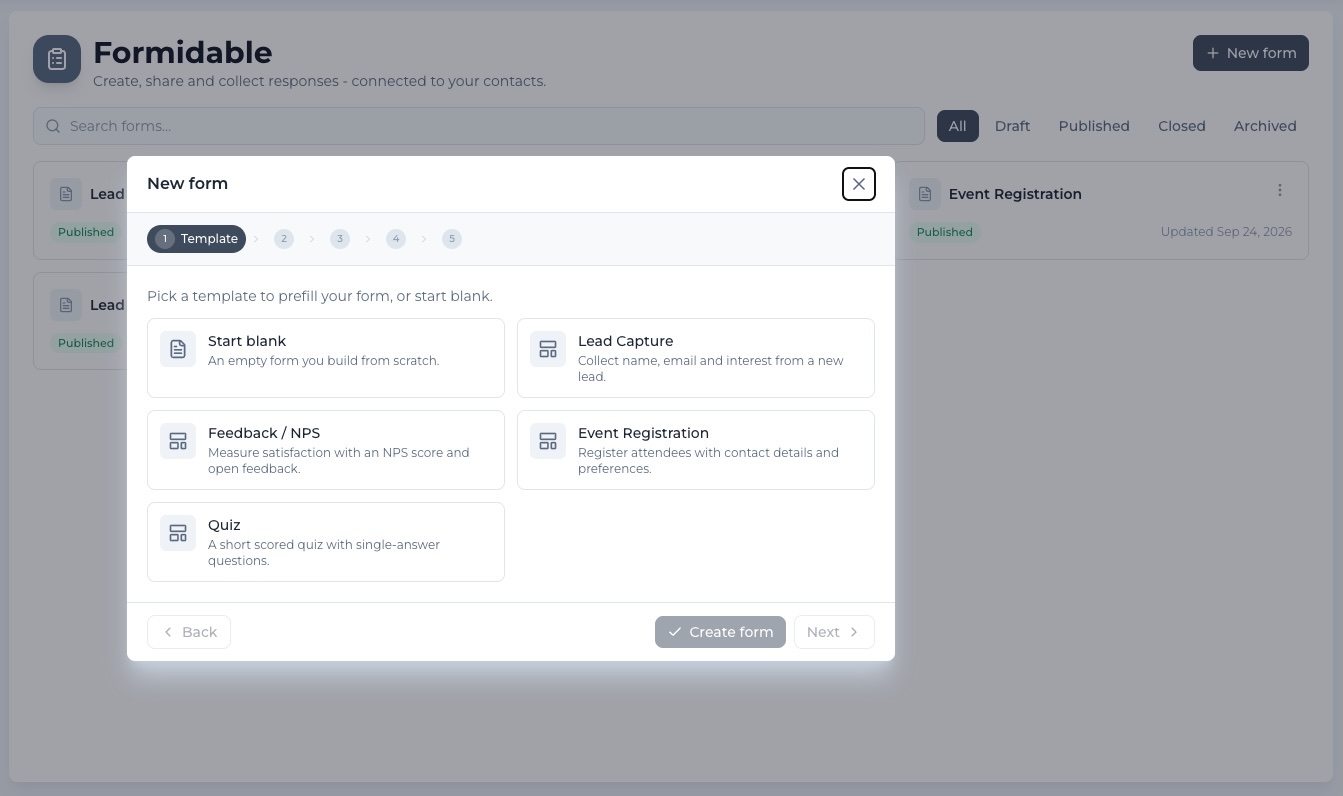 Formidable new form wizard showing five template options: Start blank, Lead Capture, Feedback and NPS, Event Registration and Quiz