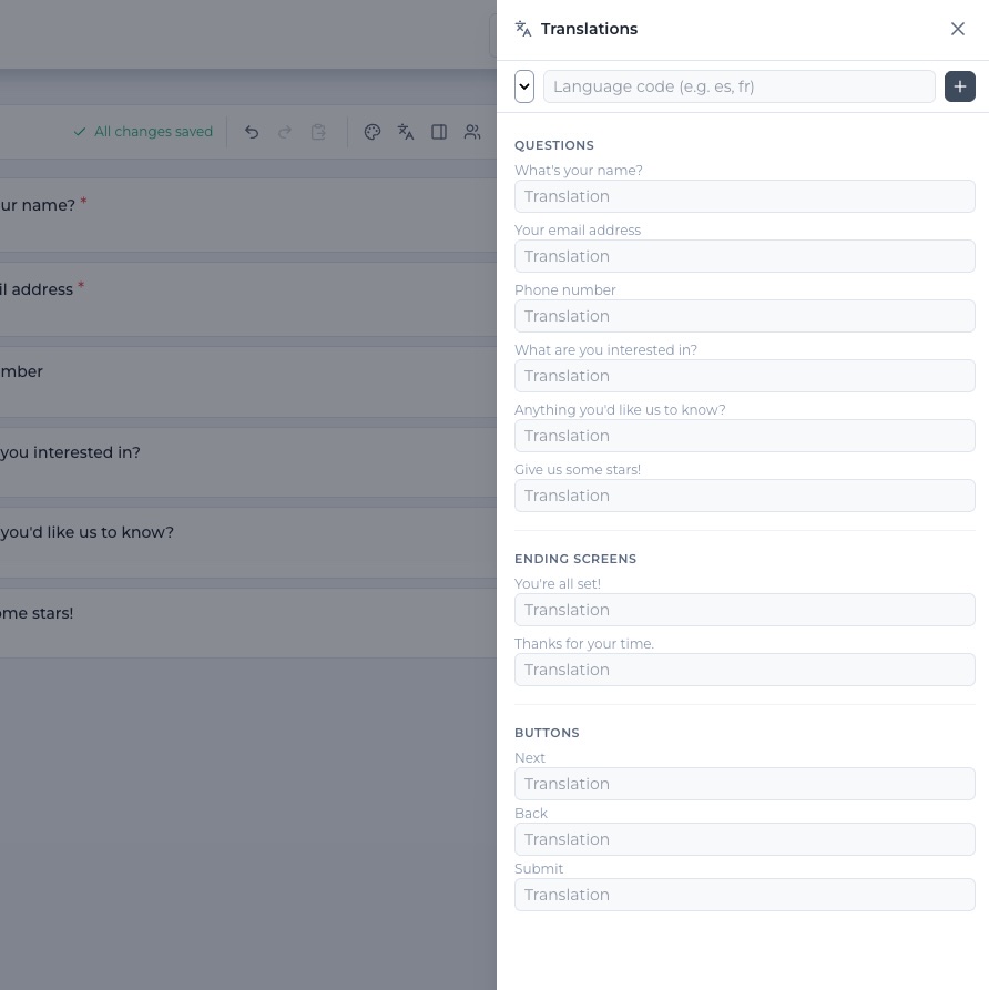 Formidable translation settings panel with per-question translation fields for labels, ending screens and button text such as Next, Back and Submit