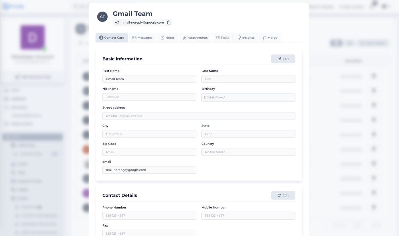 A contact card showing basic information and tabs for messages, notes, attachments, tasks and insights