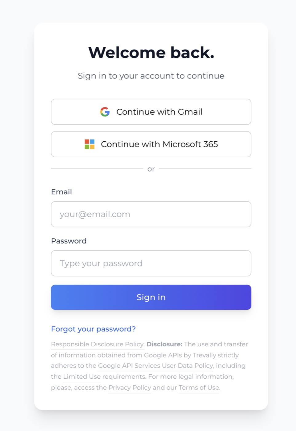 The Trevally sign-in screen with Gmail, Microsoft 365 and email options
