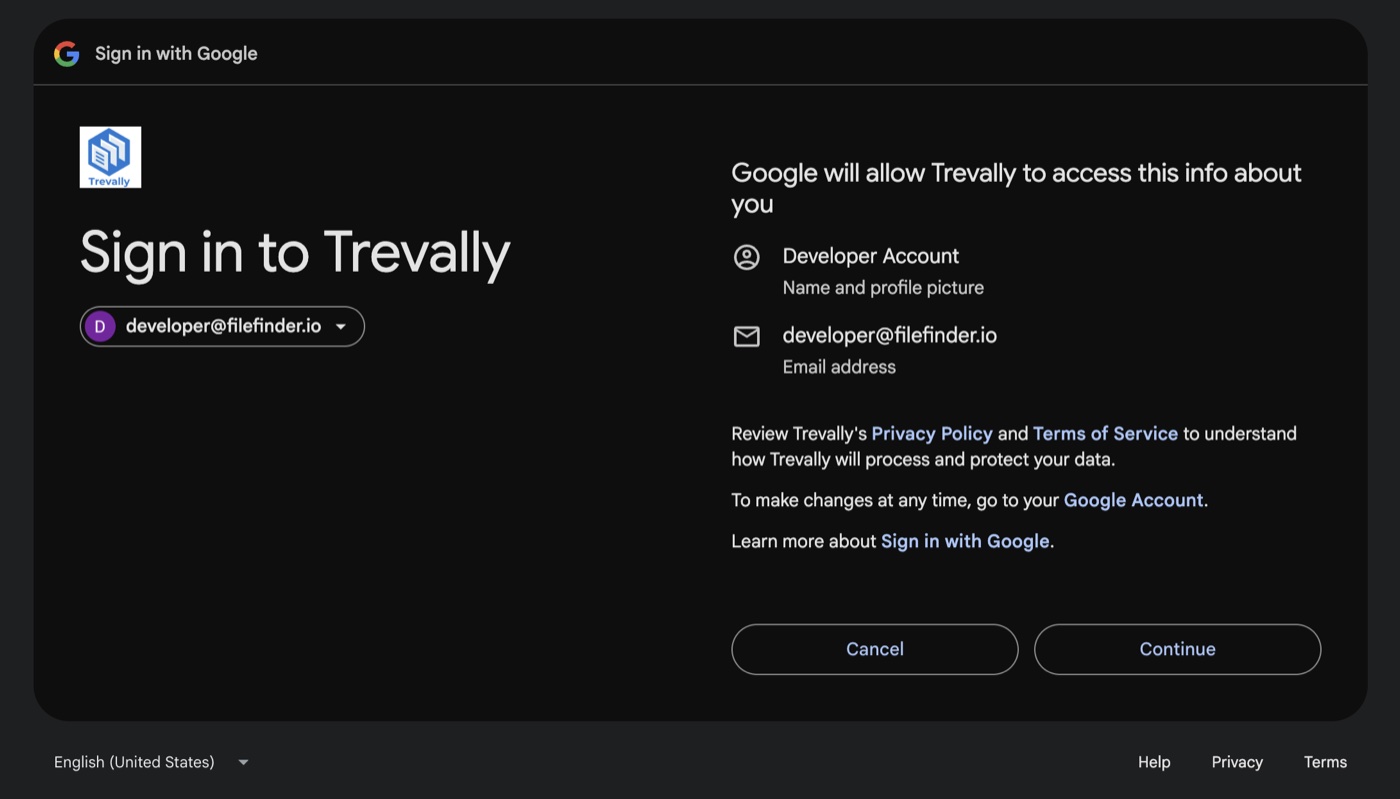 Google's consent screen showing what Trevally will access