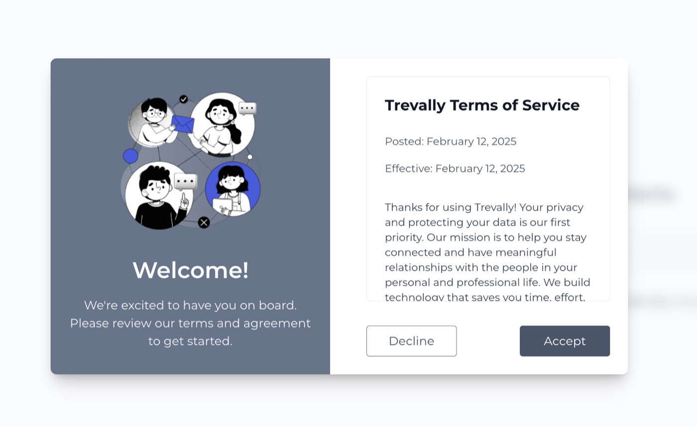 The Trevally welcome dialog with the Terms of Service