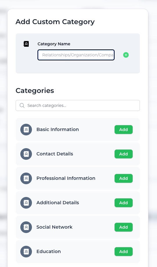 The Add Custom Category dialog with predefined categories to add