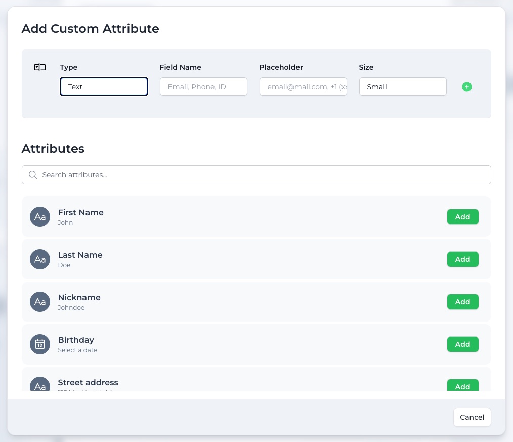 The Add Custom Attribute dialog with a searchable catalog and custom field builder