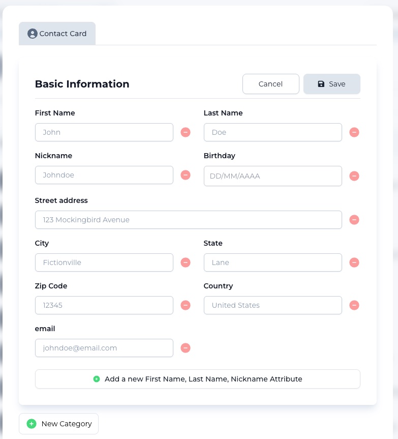 The new contact form with the Basic Information category and editable fields