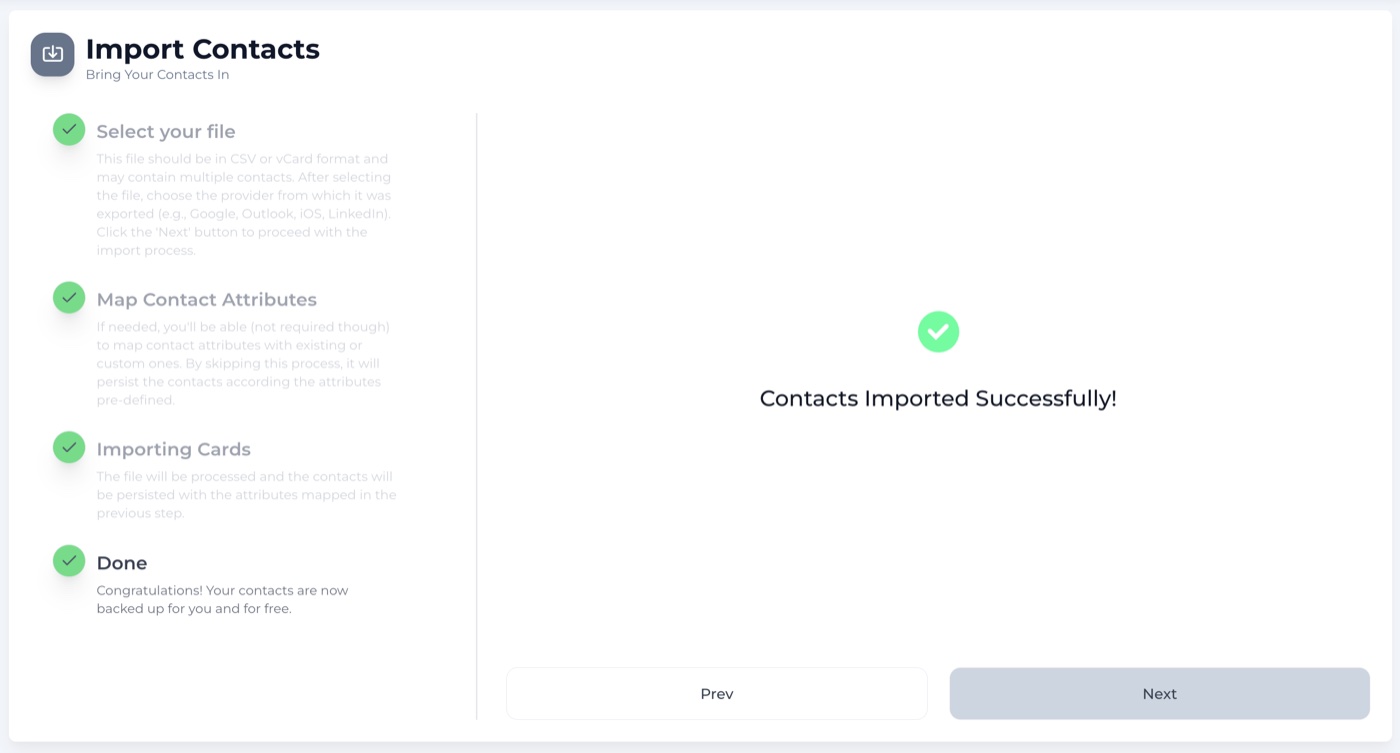 The import wizard confirming the contacts were imported successfully