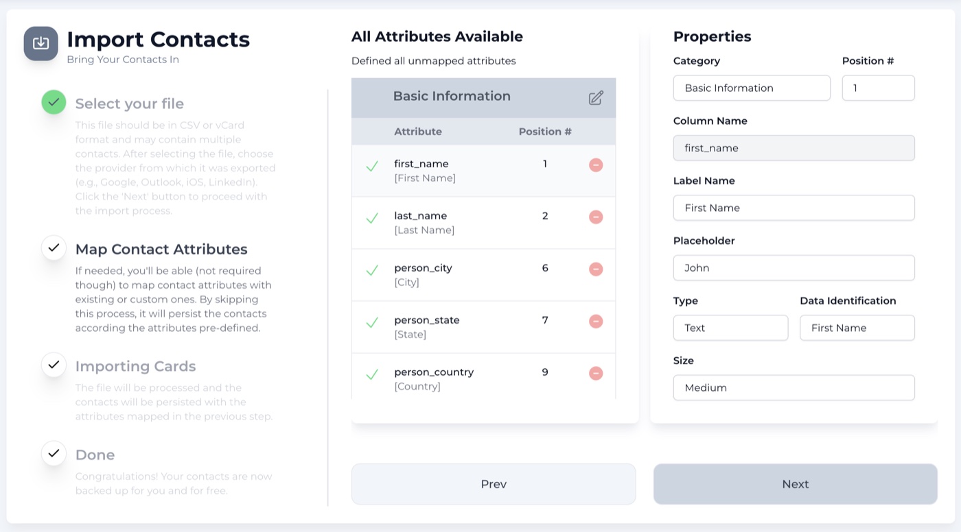 Mapping file columns to contact card attributes with editable properties