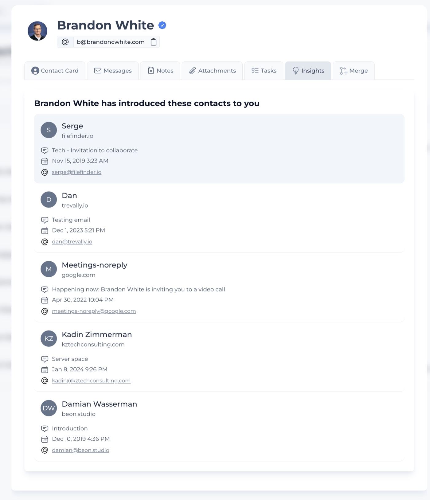 Insights showing the contacts this person introduced to you