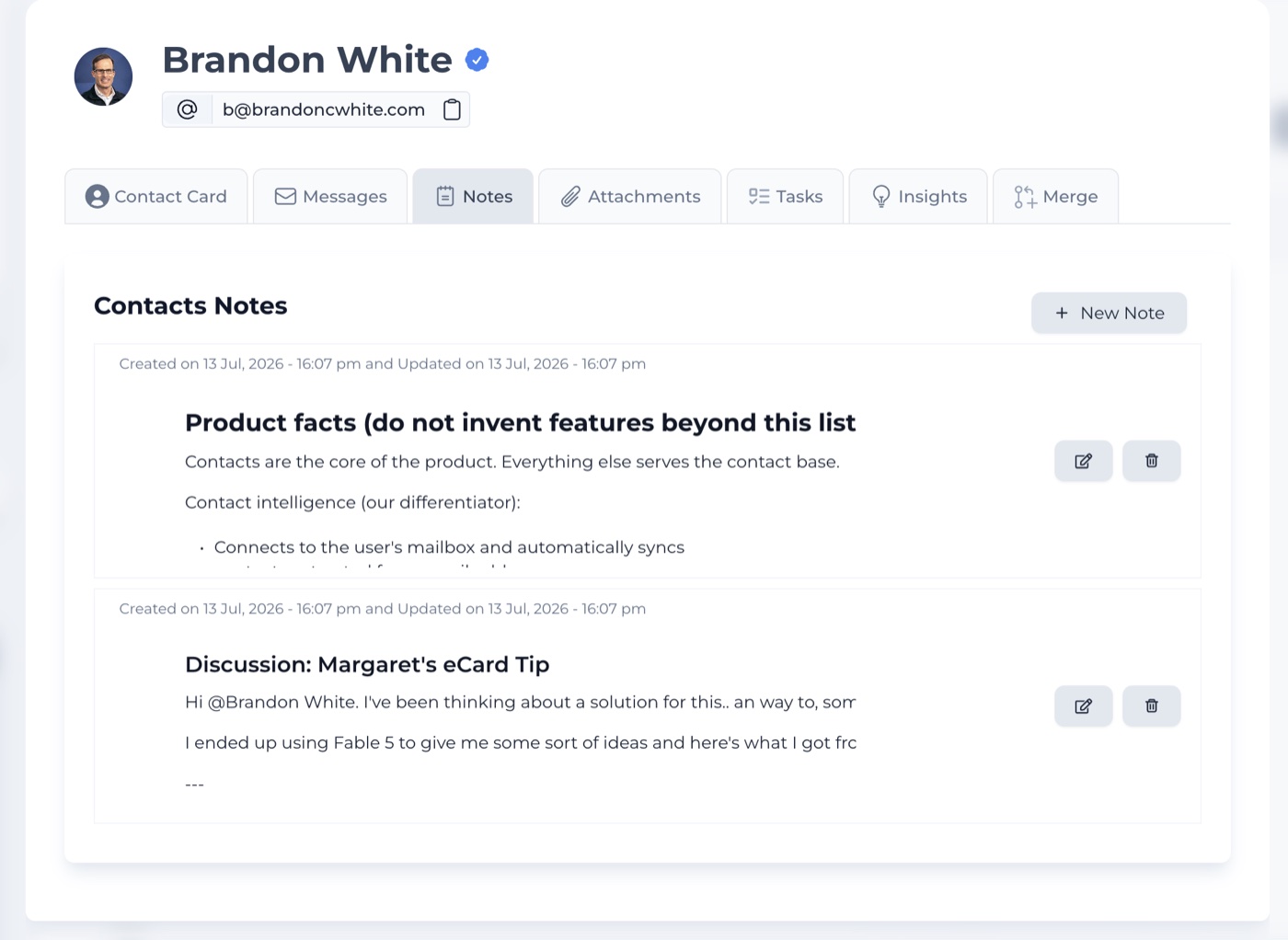 Contact notes with timestamps showing context captured from candidate conversations