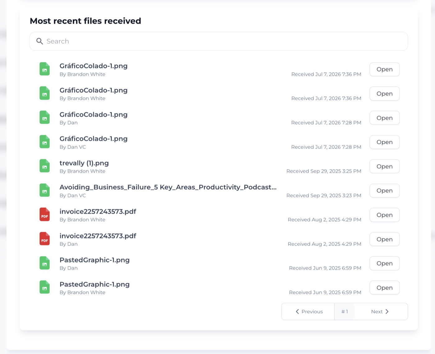 The attachments list showing files received from the contact