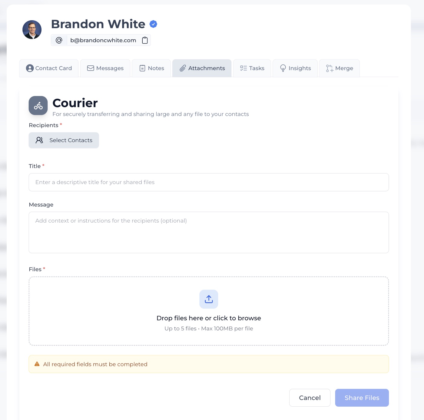 The Courier form for securely sharing files with contacts