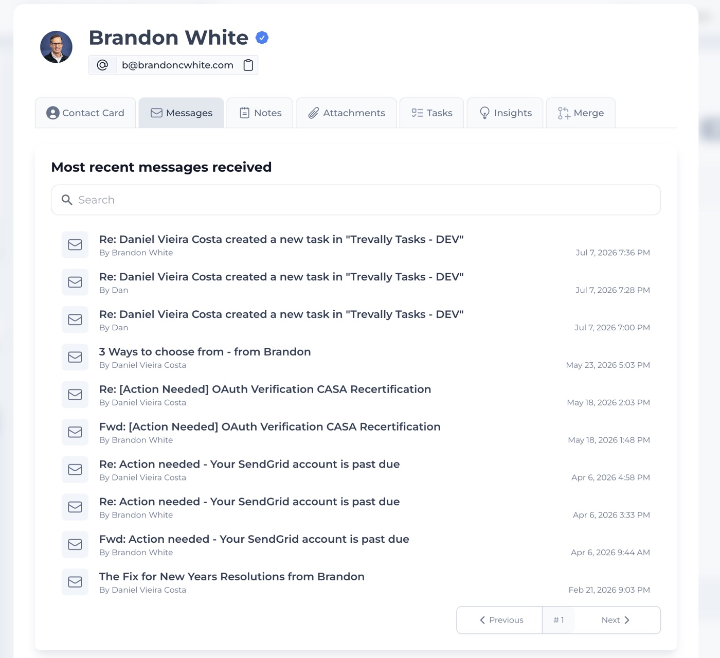The Messages tab showing the full conversation history with a candidate