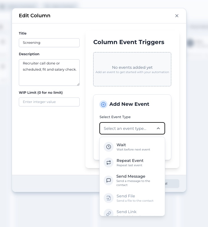The Column Event Triggers panel in Trevally showing the Send Message template editor with contact attribute fields like first name ready to be inserted