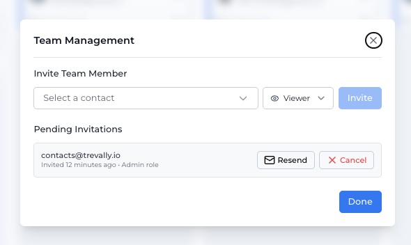 The team management dialog with roles and pending invitations