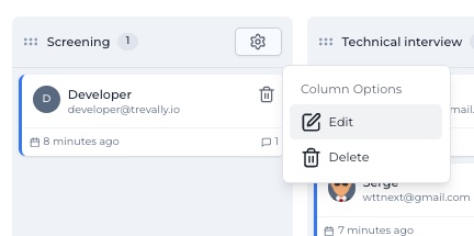 Column options menu with edit and delete