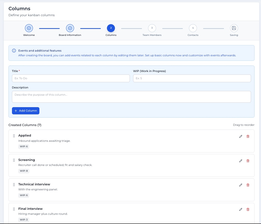 Defining kanban lead pipeline columns with titles, descriptions and WIP limits in the Trevally board creation wizard