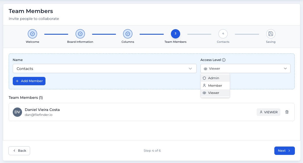 Adding team members to the board with access levels