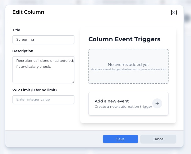 The edit column dialog with title, description, WIP limit and event triggers