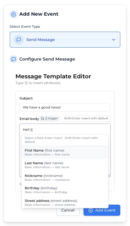The event type picker showing Wait, Send Message and Repeat Event options