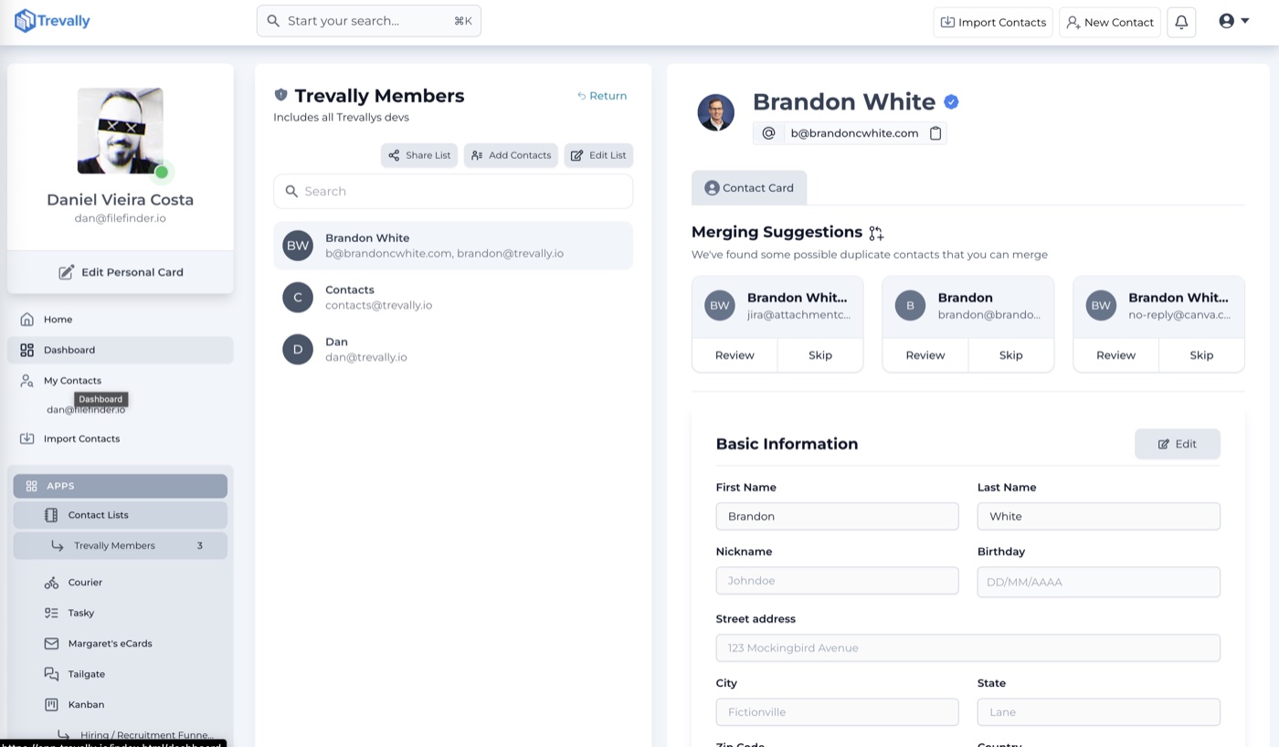 Browsing a list's members with the full contact card open alongside