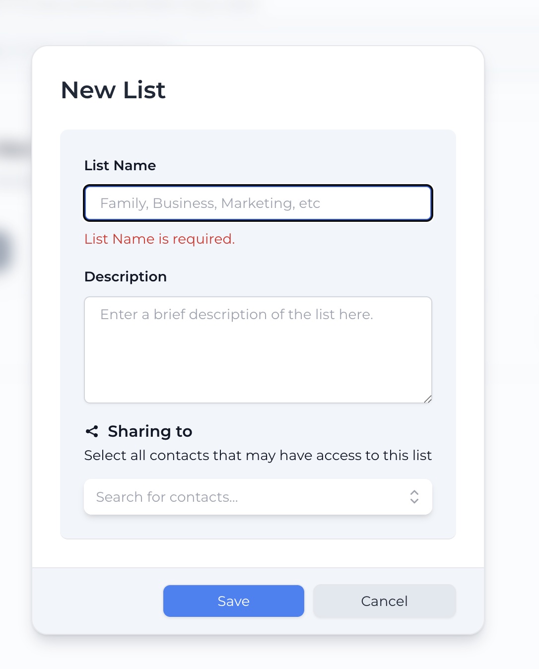 The New List dialog with name, description and sharing fields