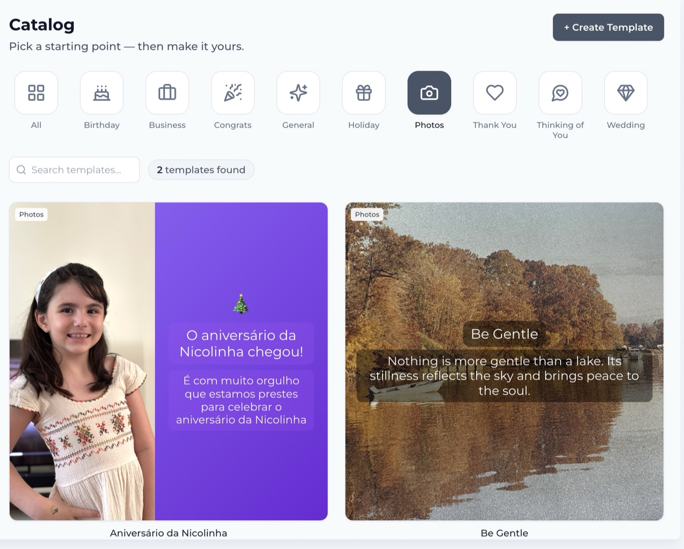 The eCard catalog organized by occasion, with template previews to pick from