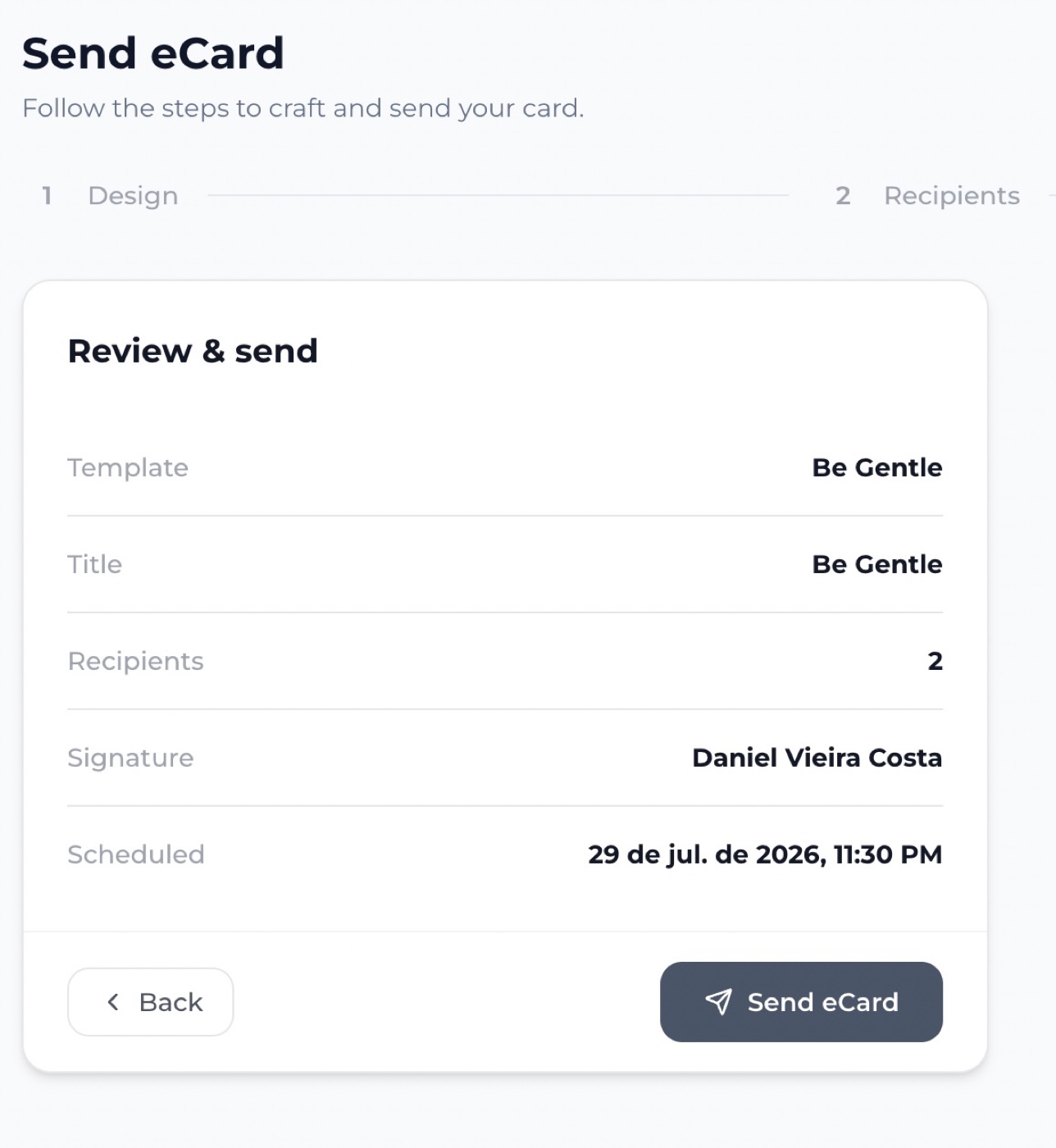 The review-and-send step summarizing the eCard before it goes out