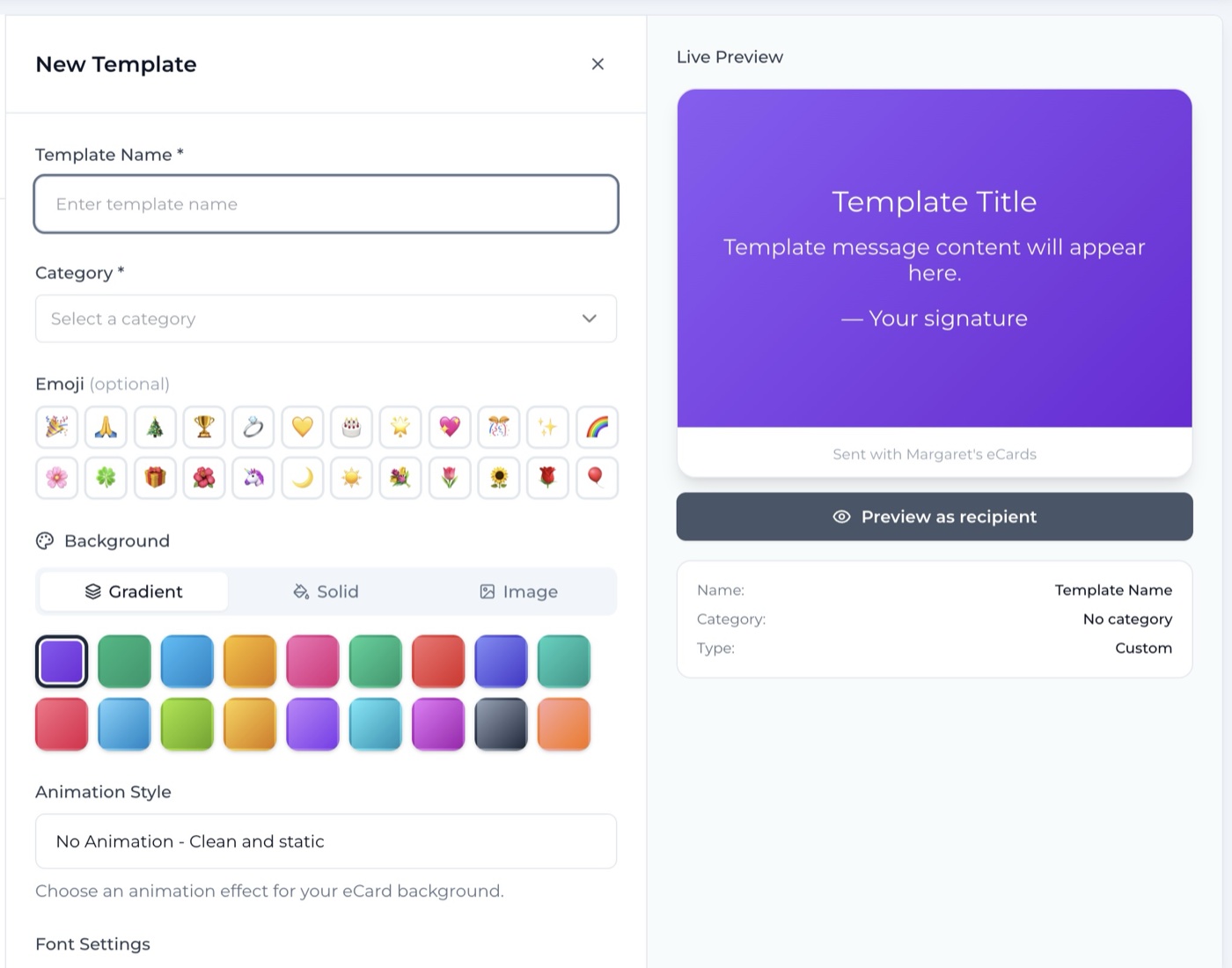 The eCard template designer with background, emoji and animation controls next to a live preview