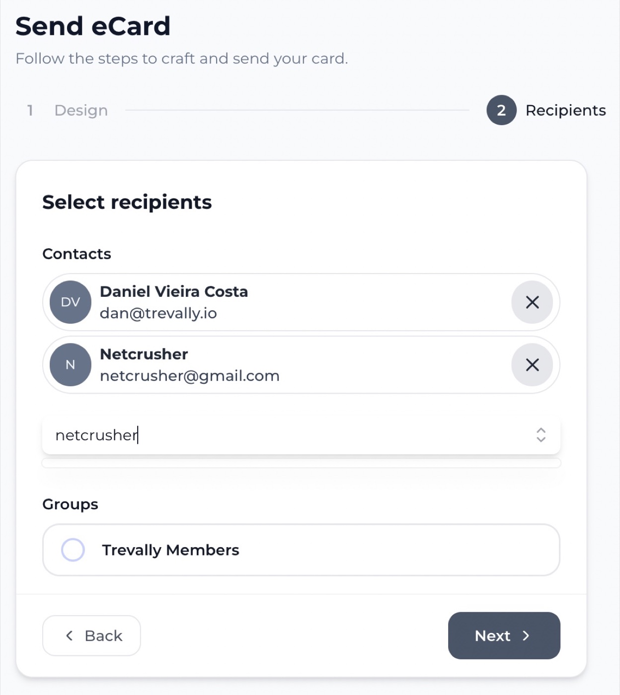 Selecting eCard recipients from individual contacts and contact-list groups