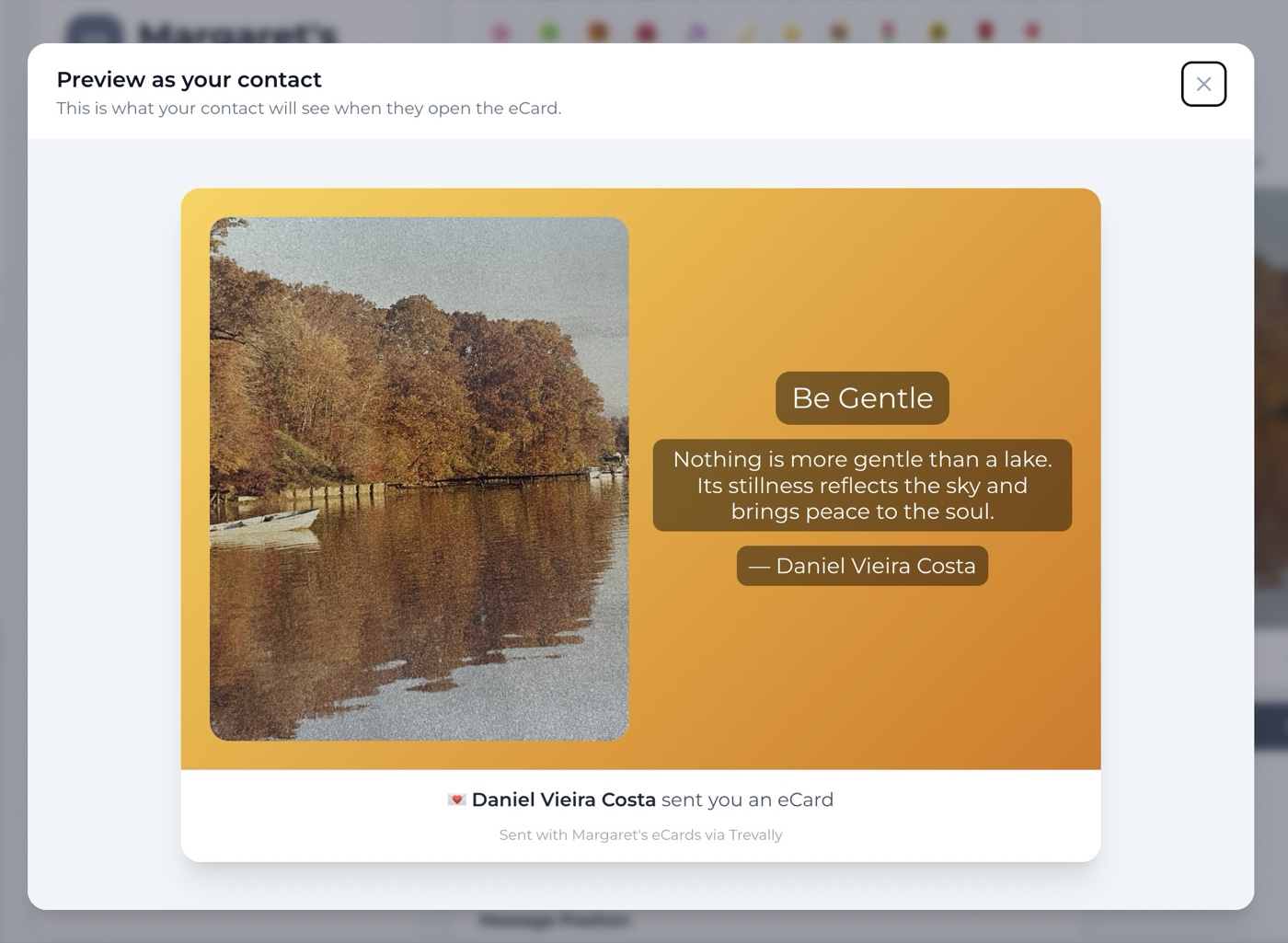 Previewing the finished eCard as the recipient will see it, with the message beside the image