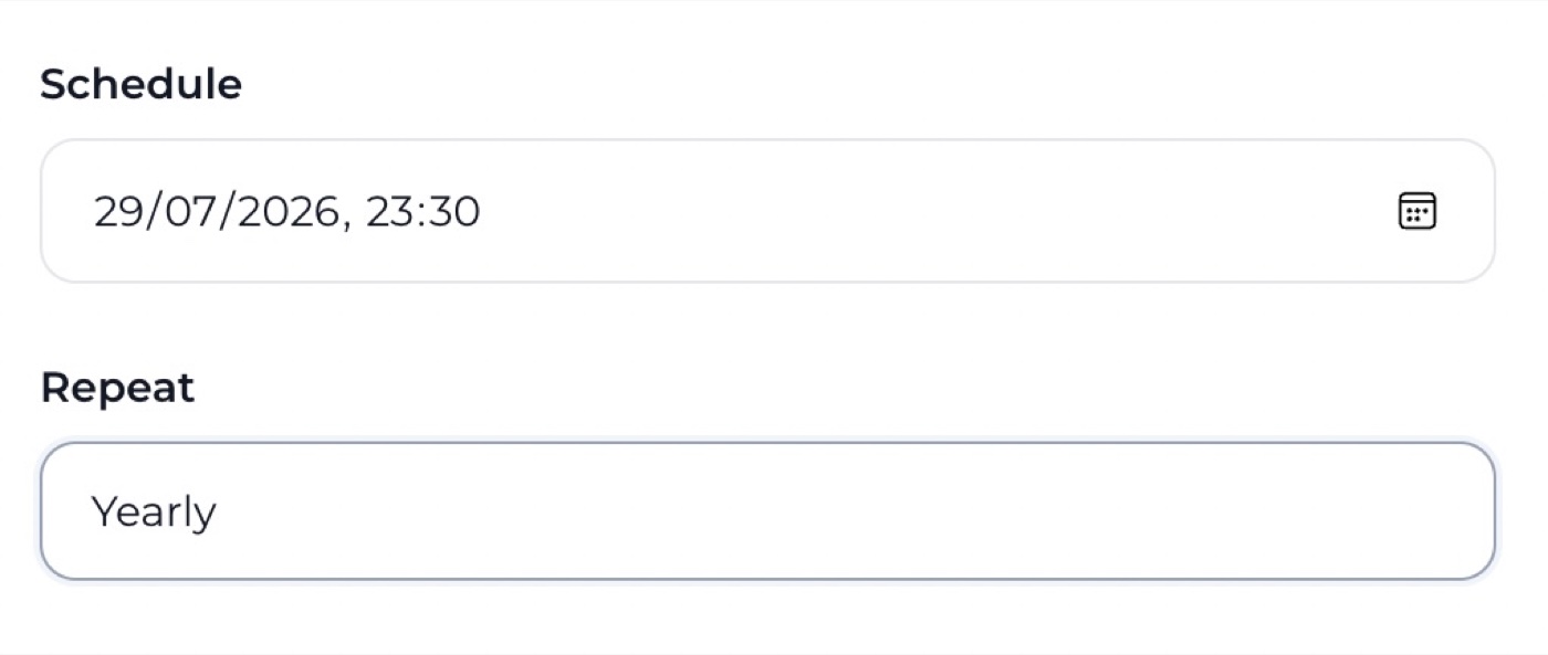 Scheduling an eCard with a date and a yearly repeat for recurring occasions