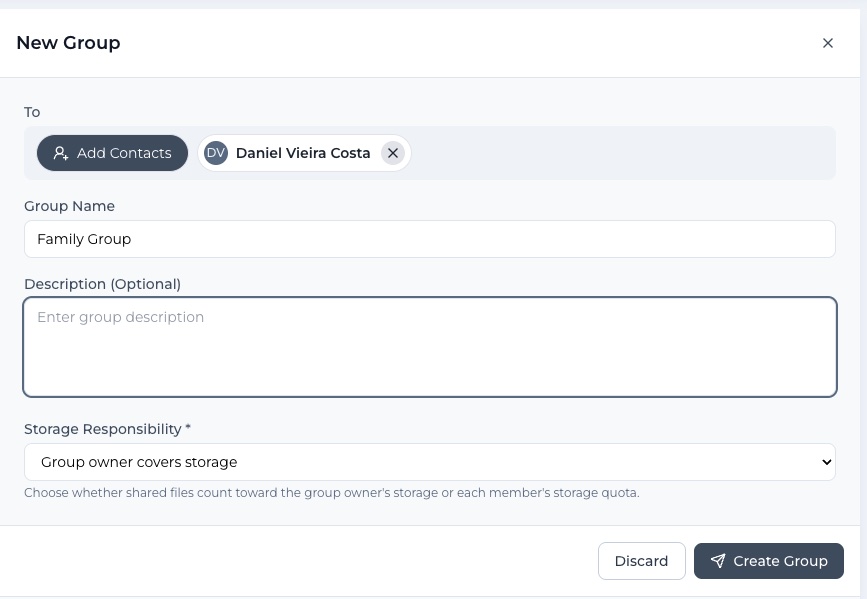 The New Group dialog with name, description, members and storage responsibility
