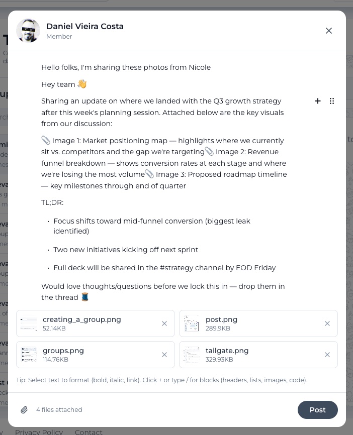 The Tailgate post composer with rich text, mentions and file attachments