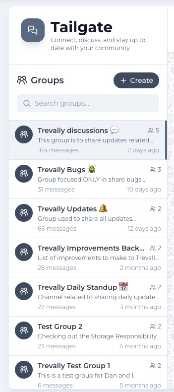 The Tailgate groups sidebar listing communities with counts and activity
