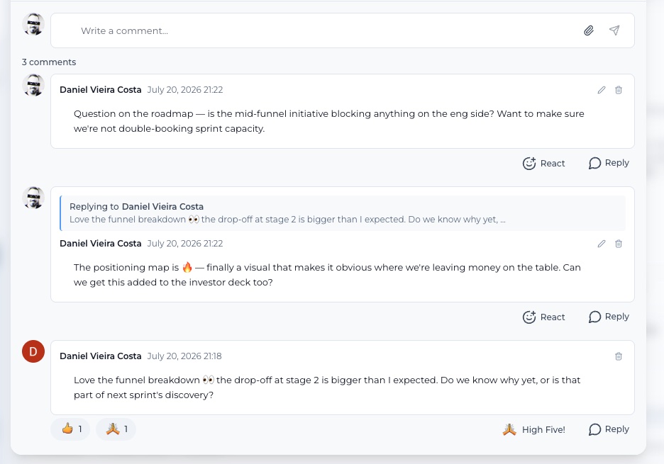 A post's comment feed with reactions and reply buttons on each comment