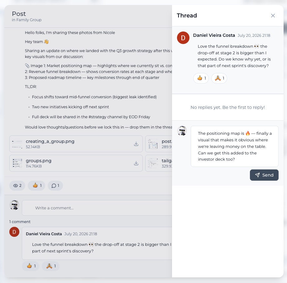 The thread side-panel showing replies to a specific comment