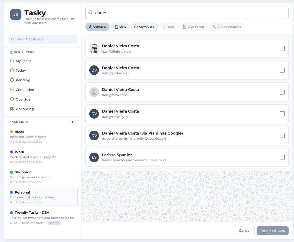 Adding members to a task list from the contact sources picker